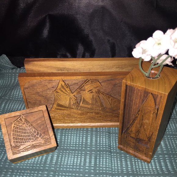 Nautical Desk Set Wooden - Postage Stamp Box, Vase and Letter or Napkin Holder - Picture 8 of 8